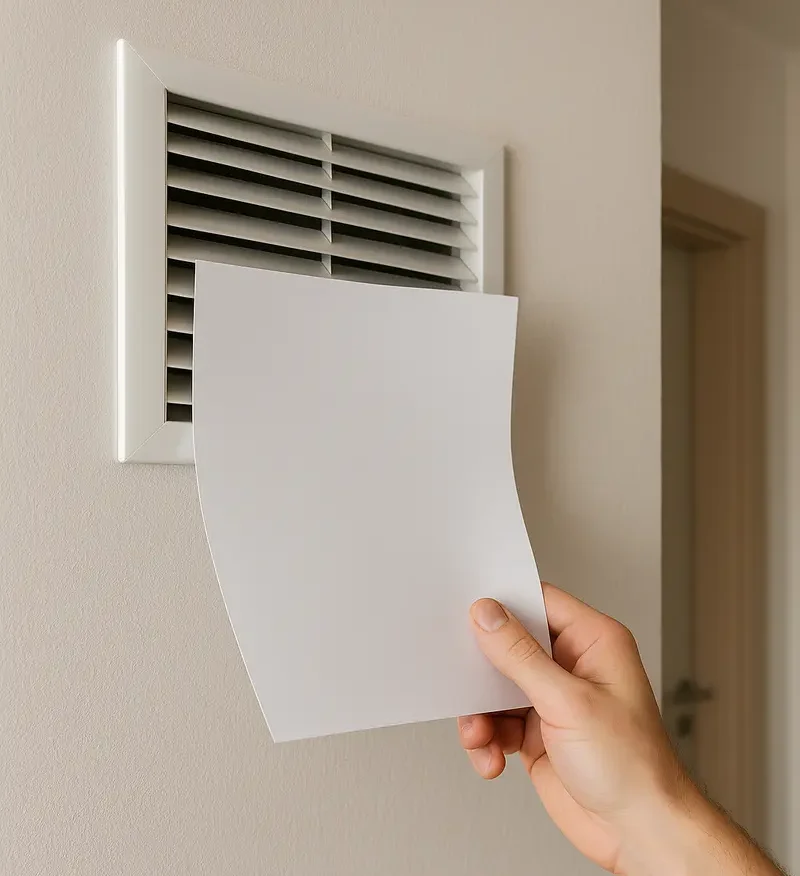 Testowanie wentylacji w mieszkaniu przy użyciu kartki papieru