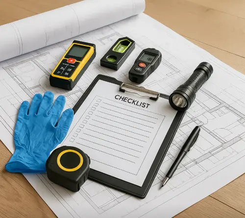 Zestaw narzędzi do odbioru technicznego mieszkania leżący na planach budowlanych